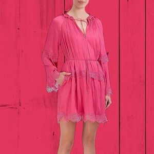 NWT BCBGMaxAzria Hot Pink Plissé Satin Tie-Waist Peasant Dress w/ Lace Trim Sz 2